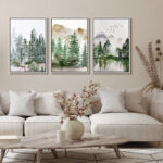 Woodland Forest Landscape Green Forest Nature Landscape Modern Living Room Decor Framed Canvas 3 Piece Set Print Wall Art