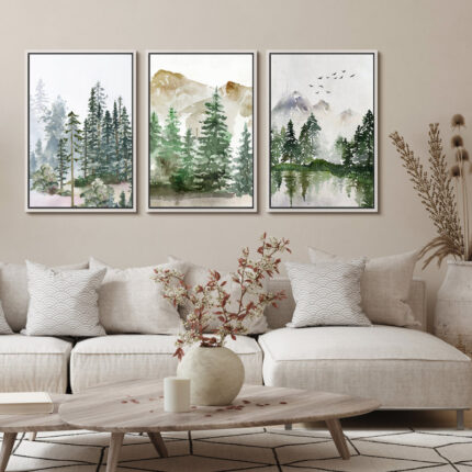 Woodland Forest Landscape Green Forest Nature Landscape Modern Living Room Decor Framed Canvas 3 Piece Set Print Wall Art - Chic Decora