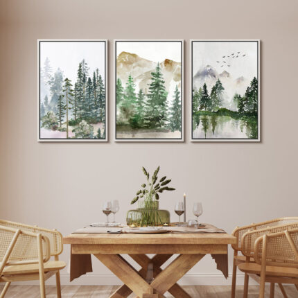 Woodland Forest Landscape Green Forest Nature Landscape Modern Living Room Decor Framed Canvas 3 Piece Set Print Wall Art - Chic Decora
