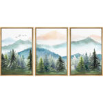 Woodland Forest Landscape Watercolor Pastel Mountain Range Pine Tree Forest Landscape Framed On Canvas 3 Piece Print Wall Art - Image 5