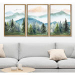 Woodland Forest Landscape Watercolor Pastel Mountain Range Pine Tree Forest Landscape Framed On Canvas 3 Piece Print Wall Art - Image 6