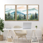 Woodland Forest Landscape Watercolor Pastel Mountain Range Pine Tree Forest Landscape Framed On Canvas 3 Piece Print Wall Art - Image 7