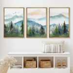 Woodland Forest Landscape Watercolor Pastel Mountain Range Pine Tree Forest Landscape Framed On Canvas 3 Piece Print Wall Art