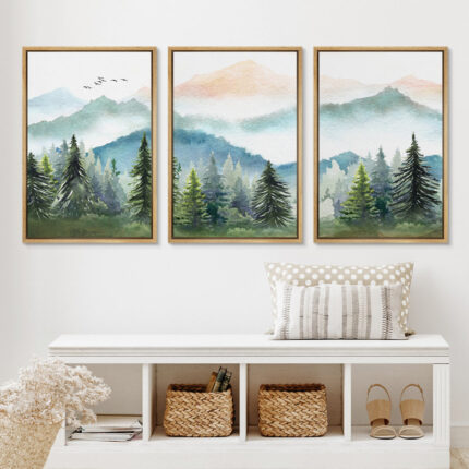 Woodland Forest Landscape Watercolor Pastel Mountain Range Pine Tree Forest Landscape Framed On Canvas 3 Piece Print Wall Art - Chic Decora