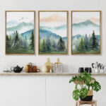 Woodland Forest Landscape Watercolor Pastel Mountain Range Pine Tree Forest Landscape Framed On Canvas 3 Piece Print Wall Art - Image 2