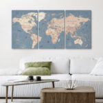 World Map " Blue Global Antique Artwork Office Pictures Large Framed Canvas Print 3 Pieces Wall Art - Image 4