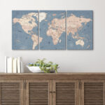 World Map " Blue Global Antique Artwork Office Pictures Large Framed Canvas Print 3 Pieces Wall Art - Image 5