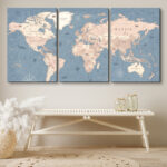 World Map " Blue Global Antique Artwork Office Pictures Large Framed Canvas Print 3 Pieces Wall Art - Image 6