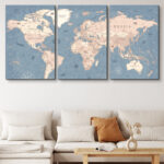 World Map " Blue Global Antique Artwork Office Pictures Large Framed Canvas Print 3 Pieces Wall Art - Image 7