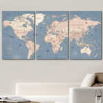 World Map " Blue Global Antique Artwork Office Pictures Large Framed Canvas Print 3 Pieces Wall Art