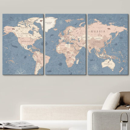 World Map ” Blue Global Antique Artwork Office Pictures Large Framed Canvas Print 3 Pieces Wall Art - Chic Decora