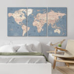 World Map " Blue Global Antique Artwork Office Pictures Large Framed Canvas Print 3 Pieces Wall Art - Image 2