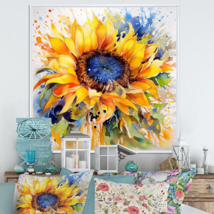 Yellow Blue Golden Cheerful Sunflowers – Floral Wall Art - Chic Decora