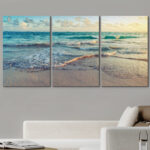 Coastal Beach Sunrise On Ocean Waves Crashing Bright Photo Framed Canvas 3 Pieces Print Wall Art - Image 6