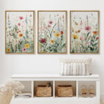 Vibrant Wildflower Green Garden Floral Boho Artwork Framed On Canvas 3 Piece Paintings Print Wall Decor - Image 8